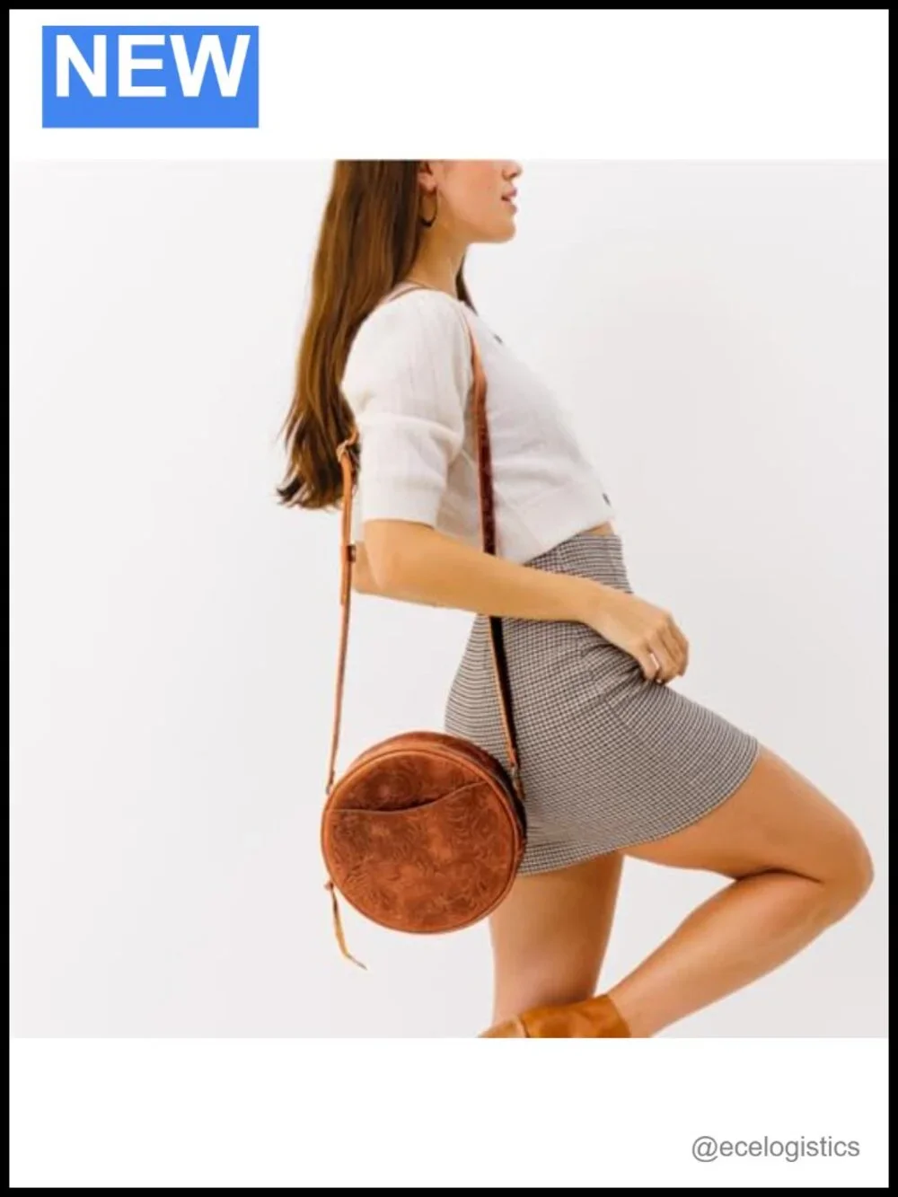 Womens Circle Leather Crossbody Bag Adjustable Strap Full-Grain